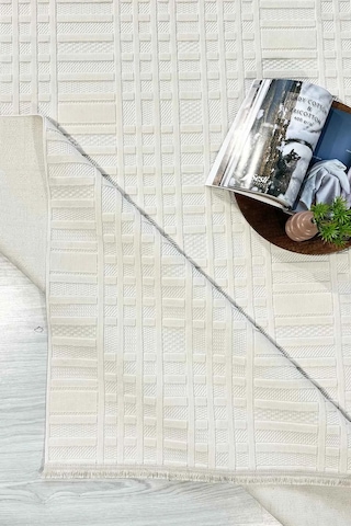 Milan Dokuma Yıkanabilir Bukleli Modern Gri Salon Halısı Mutfak Halısı Yolluk Beyaz