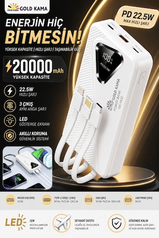 Gold Kam A 20000mah Powerbank 22.5w Hızlı Şarj Dahili Kablolu Taşınabilir Şarj Cihazı siyah