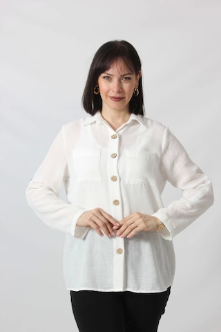 Moda Berray Bb-077 Beyaz Pamuk Keten Kolu Apoletli İki Cepli Kadın Büyük Beden Gömlek Beyaz