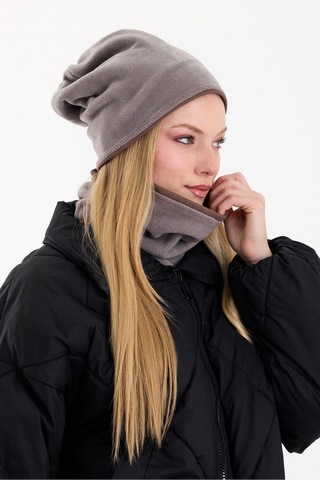 Butikgiz Kadın Dış Kısım Polar, İç Kısım Kaşkorse Pamuklu, Çift Renk, Çift Kat, Katlanabilir Bere Boyunluk Set Gri-kahverengi