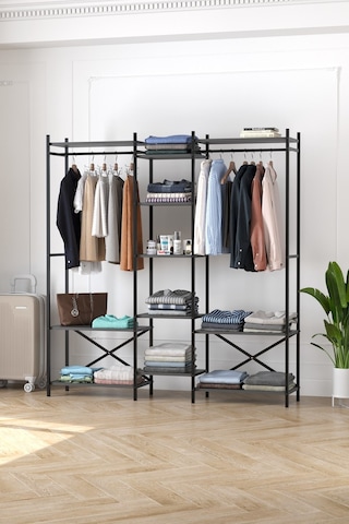 10 Raflı Metal Gardırop Metal Portmanto Açık Gardırop Elbise Dolabı Vestiyer Openix Antrasit