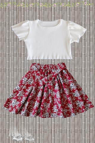 Çocuk Etekli Crop Takım, Çiçekli Koyu Kırmızı Etek - Ekru Crop Ekru-kkırmızı Ekru - Kırmızı