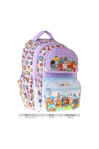 Kaukko Kids Beş Bölmeli Kız Çocuk Toca Life Baskılı Lila - Turkuaz İlkokul Okul Sırt Çantası - L5338 Çok Renkli
