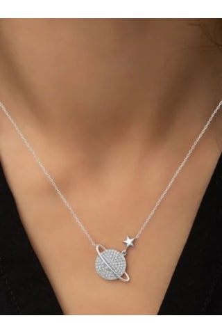 925 Ayar Gümüş Zirkon Taşlı Gezegen Kolye Gümüş