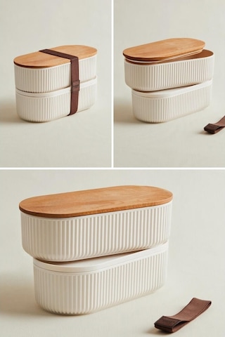 Piev Pratik İkili Bambu Kapaklı Saklama Beslenme Kabı Beyaz