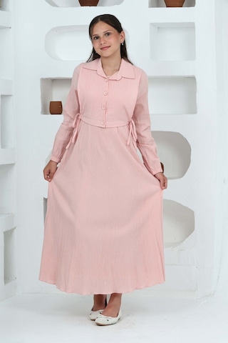 Kız Çocuk Uzun Boy Gofre Kumaş Jile & Elbise İki Parça Takım Astarlı Zarif Set-4948 Pudra