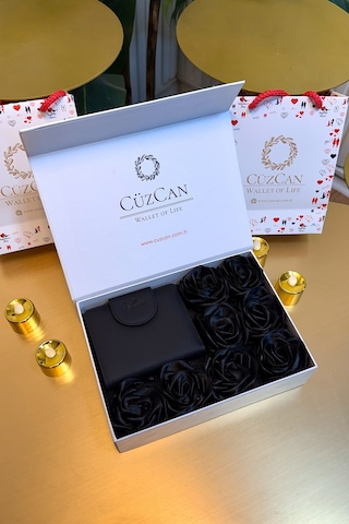 Premium Gift Rose Box - Miosa Siyah Hakiki Deri Kadın Cüzdan Siyah Gül Kutusu Siyah