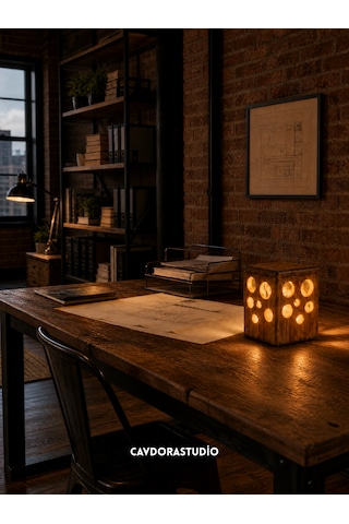 Masa Lambası - Abajur - Cube Yanık Ahşap