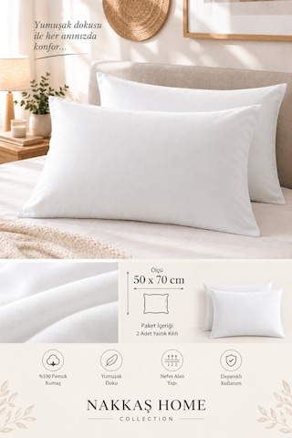 Nakkaş Home Collection 2'li Pamuklu Fermuarlı Yastık Kılıfı Seti - 50x70 Cm Düz Renk Yastık Kılıfı Beyaz