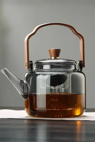 Ahşap Saplı Füme Cam Demlik Borosilikat Isıya Dayanıklı Cam Çaydanlık 1200 Ml Füme