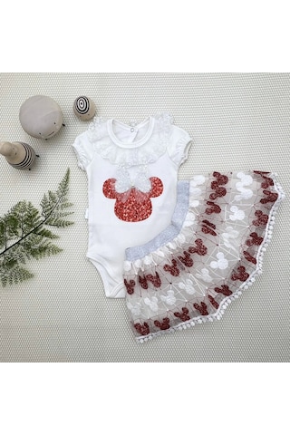 Cojans 1-2-3 Yaş Payetli Mickey Nakışlı Kısa Kollu Brode Etekli 2li Kız Bebek Takımı Kırmızı Çok Renkli
