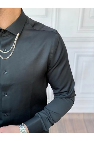 Modefendi Slim Fit Pamuk Örme Bebe Yaka Gömlek Siyah