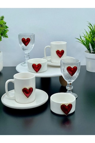 2 Kişilik Porselen Kalpli Fincan Takımı Seti Bardak Ve Lokumluk