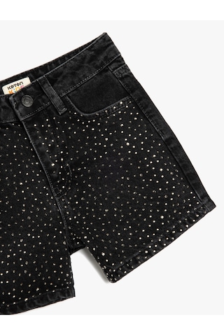 Koton Taş Detaylı Pamuklu Cepli Denim Şort Siyah 5skg40050ad Siyah