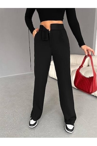 Ribana Classic Beli Cırtcırtlı Likralı Krep Pantolon Siyah