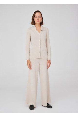 Peraluna Polo V Yaka Ribana Örgü Fit Kesim Kadın Triko Bluz Ekru