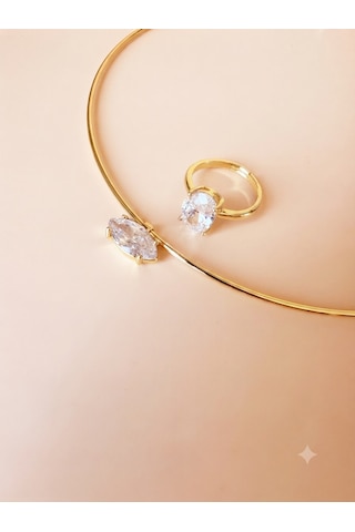 Rhea Jewelry Çelik Zirkon Taşlı Kolye Ve Ayarlanabilir Yüzük Seti Gold Kadın Takı Seti Altın