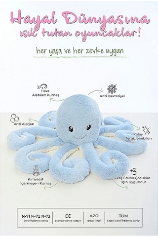 Peluş Ahtapot Uyku Ve Oyun Arkadaşı Mavi Mavi