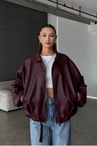 Karabulut Kadın Oversize Deri Ceket Oversize Fermuarlı Kemer Detaylı Günlük Kadın Ceket Bordo Bordo&burgundy Bordo&Burgundy
