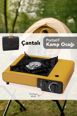 Portatif Kamp Ocağı - Taşıma Çantalı Gazlı Stop Emniyetli Ocak 34x28x11 Cm Sarı Sarı