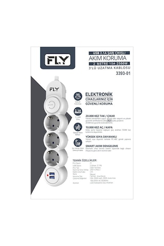 Fly -3393-01 Termal Akım Korumalı 3'lü Priz 2 Usb 2m 2.1a Uzatma Kablosu 2 M
