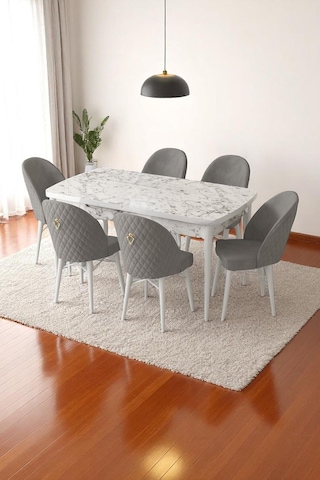Mia Serisi Açılabilir Mutfak Masası Takımı Beyaz Mermer Desen Masa 6 Sandalye, Yemek Masası Gri