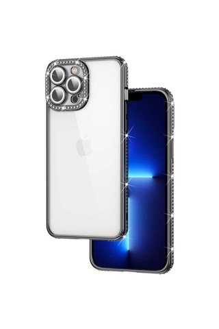 Apple Uyumlu iPhone 12 Pro Max Uyumlu Kamera Korumalı Taşlı Zore Mina Kılıf-siyah Siyah -