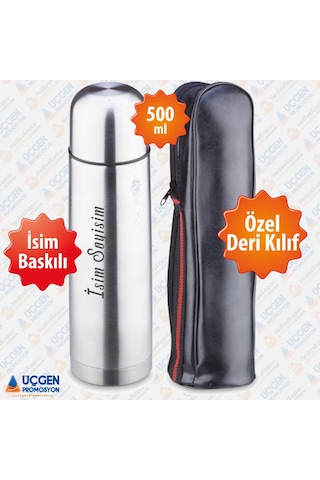 500-750ml Fermuarlı Deri Kılıflı Metalik Gri Termos 750Ml