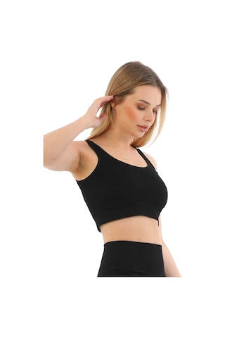 Fantazer Premium Göğüs Toparlayıcı Sarkma Önleyen Spor Günlük Kalın Askılı Pedli Fitilli Crop Büstiyer Siyah