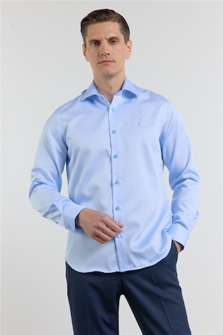 İmza Mavi Saten İtalyan Yaka Uzun Kol Cepsiz Slim Fit Pamuk Gömlek 1004255231 L