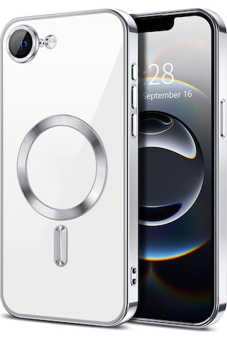 Apple Uyumlu iPhone 16e İçin Magsafe İle Kılıf Kamera Lensli Korumalı Şeffaf Silikon Kapak Gümüş