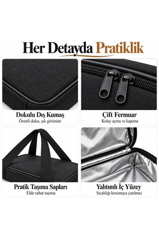 Microcase Çift Fermuarlı Isı Yalıtımlı Termal Borcam Ve Fırın Tepsisi Taşıma Çantası Siyah 47 X 40 X 5 Cm Al7042