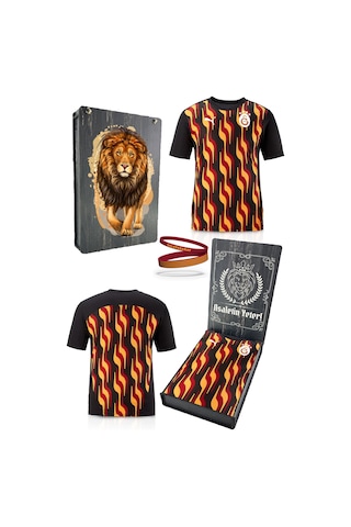 Galatasaray Lisanslı Sıfır Yaka Siyah Antrenman T-shirt + Bileklik Set Hediyelik Ahşap Kutulu Kırmızı - Gri