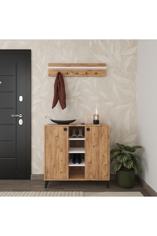 Albena 2 Kapaklı Ayakkabılık, Vestiyer, Portmanto, Askılık, 90 Cm Atlantik Çam Atlantik Çam - Beyaz