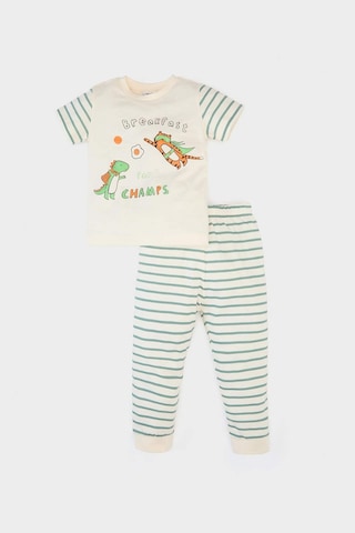 DeFacto Erkek Bebek Pijama Takımı Baskılı Kısa Kollu Penye Üst Çizgili Uzun Alt E0757A525SMGN382 Yeşil