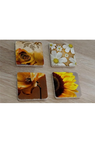 Sarı Gül Ve Çiçekler Doğal Taş Bardak Altlığı 4'lü Set - Natural Stone Coasters - Taş Sarı