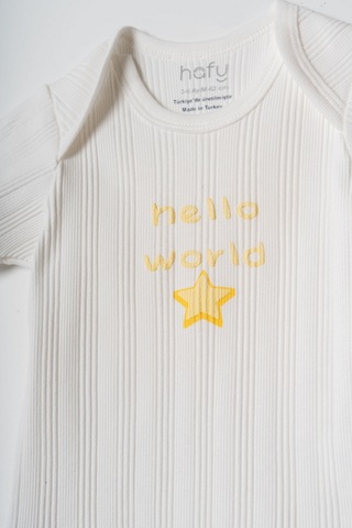 Hafy Baby Hello World Nakışlı, Zarf Yaka, 2 Li Yazlık Bebek Body / Zıbın Takımı Sarı - Beyaz