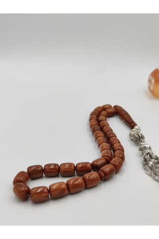 Usta İşcilikli Hareli Kahverenğ Katalin Kehribar Tesbih 9 12 Mm Kapsül Kesim Gümüş Kaplama Püskül Kahverengi