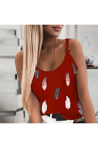 Kırmızı Yeni Kadın Moda Yaz Rahat Tüy Baskı Spagetti Sapanlar Kolsuz Tank Tops