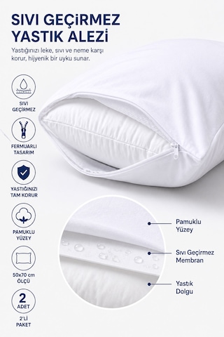 Sıvı Geçirmez Yastık Alezi 2'li 50x70 Cm Pamuklu Fermuarlı Puresleep Beyaz