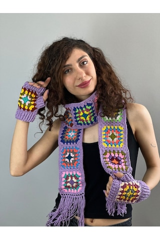 Gönülden Tasarım El Örgüsü Etnik Motif Desenli Atkı Eldiven Set Atkı 180 Cm Lila