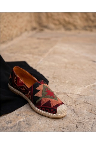 Futsishoes Vıola Bordo Hakiki Deri Kilim Desenli Kadın Etnik Desen Espadril Ayakkabı