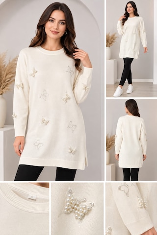 Kadın Kelebek Detaylı Sweatshirt Kadın Tesettür Tunik Açık Bej