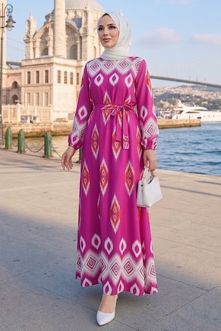 Bestenur Alera Desenli Viskon Elbise 1720 - Pembe