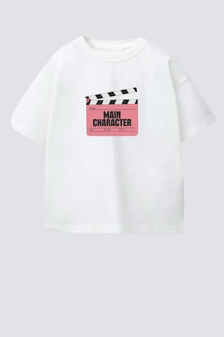 Monila Unisex Çocuk Pamuklu Bisiklet Yaka Baskılı T-shirt Beyaz - Pembe