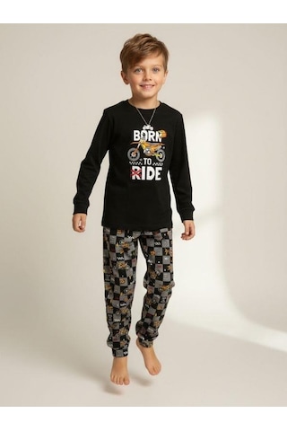 Zekids Erkek Çocuk Pamuklu Born To Ride Baskılı Pijama Takımı-16820 Siyah