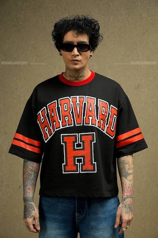 Siyah Harvard Basklı Oversize Tshirt Siyah
