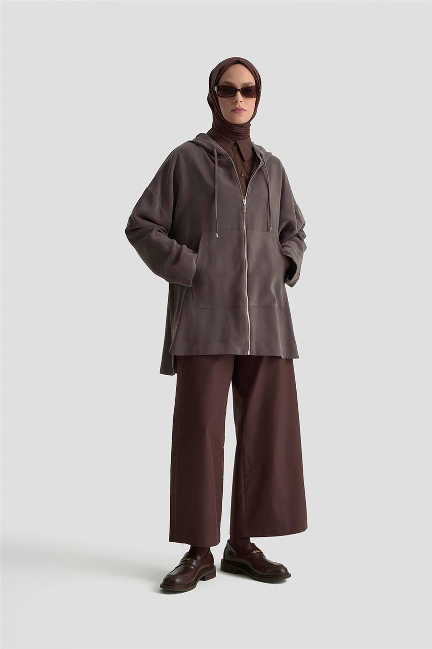 Armine Fermuar Detaylı Kapüşonlu Kap 25kd1125 Kahverengi Kahverengi