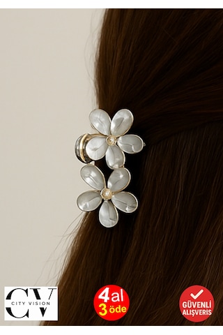 Gri Taşlı Çiçek Gümüş Detaylı Metal Mandal Toka 4 Cm Gri