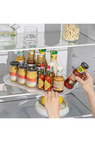 Reedark Büyük Boy Camdaki Buzdolabı Organizer - 360 Döner Mutfak Dolap İçin Yemek, İçecek Depolama Tepsisi Şeffaf